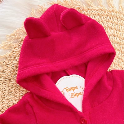 Conj. Casaco em Fleece com Capuz e Legging Listrada Ursinhas - Vermelho